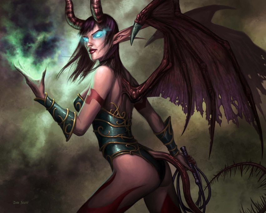 armor blue_eyes claws dan_scott demon_girl highres horns pointy_ears purple_hair succubus warcraft whip wings world_of_warcraft