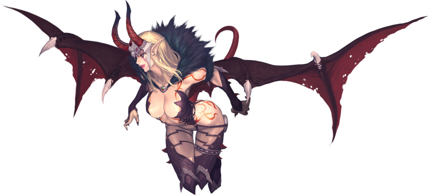 1girl akasha_(chaos_online) artist_request breasts chaos_heroes_online collar demon_girl highres horns lipstick long_hair makeup monster_girl official_art simple_background solo transparent_background white_hair wings