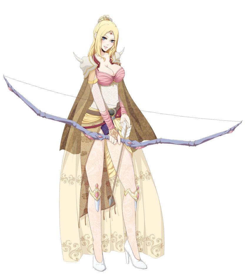 1girl armor blonde_hair blue_eyes bow_(weapon) breasts cape circlet cleavage final_fantasy final_fantasy_iv hair_ornament high_heels highres jewelry large_breasts legs long_hair long_legs looking_at_viewer ponytail rosa_farrell see-through shoulder_pads smile solo thighs transparent_background weapon zaaeestar