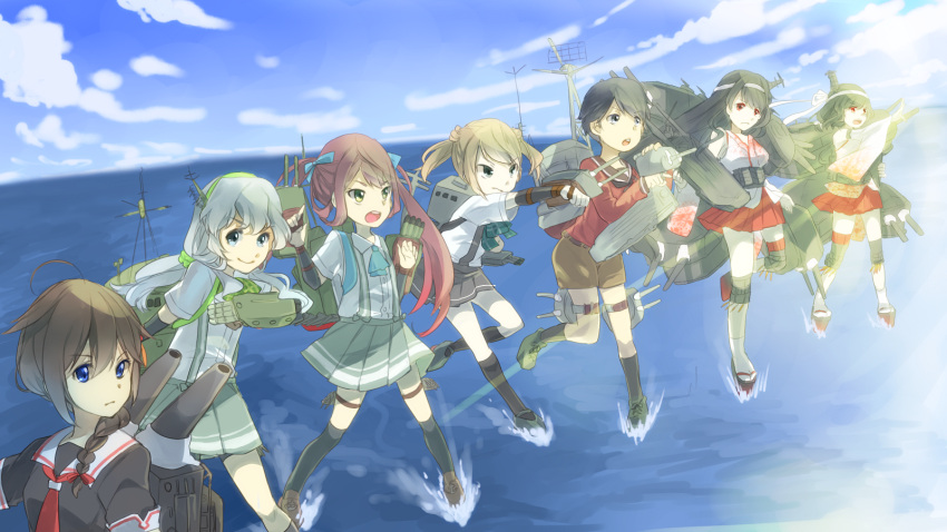 6+girls ahoge artist_request asagumo_(kantai_collection) bare_shoulders black_hair blue_eyes braid cannon detached_sleeves flight_deck fusou_(kantai_collection) hair_flaps hair_ribbon hairband headband highres japanese_clothes kantai_collection kneehighs light_brown_hair long_hair machinery michishio_(kantai_collection) mogami_(kantai_collection) multiple_girls necktie nontraditional_miko pleated_skirt red_eyes redhead remodel_(kantai_collection) ribbon school_uniform serafuku shigure_(kantai_collection) short_hair short_twintails shorts silver_hair single_braid skirt smile standing standing_on_water suspenders thigh-highs turret twintails yamagumo_(kantai_collection) yamashiro_(kantai_collection)