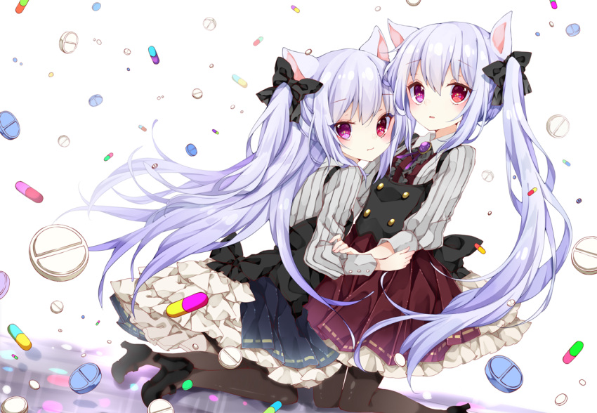 2girls animal_ears cat_ears chico152 dress high_heels holding_hands kneeling long_hair multiple_girls original pantyhose pill purple_hair red_eyes ribbon shoes twintails two_side_up