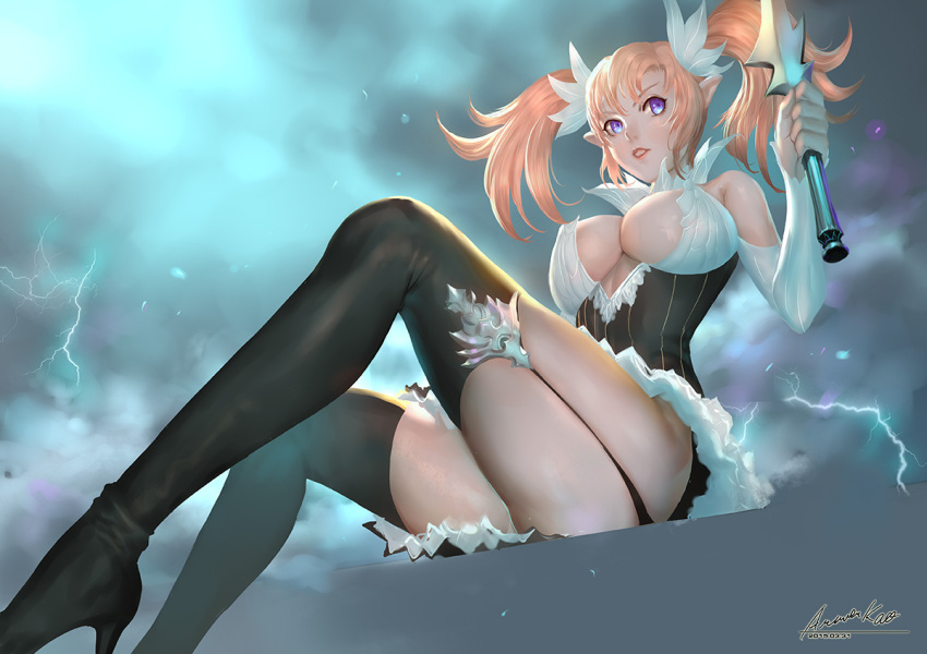 1girl ariverkao bare_shoulders black_dress black_legwear blonde_hair breasts cleavage clouds cloudy_sky detached_sleeves dress garter_straps hair_ribbon high_heels large_breasts lightning long_sleeves original parted_lips pointy_ears ribbon signature sitting sky solo staff thigh-highs twintails upskirt violet_eyes