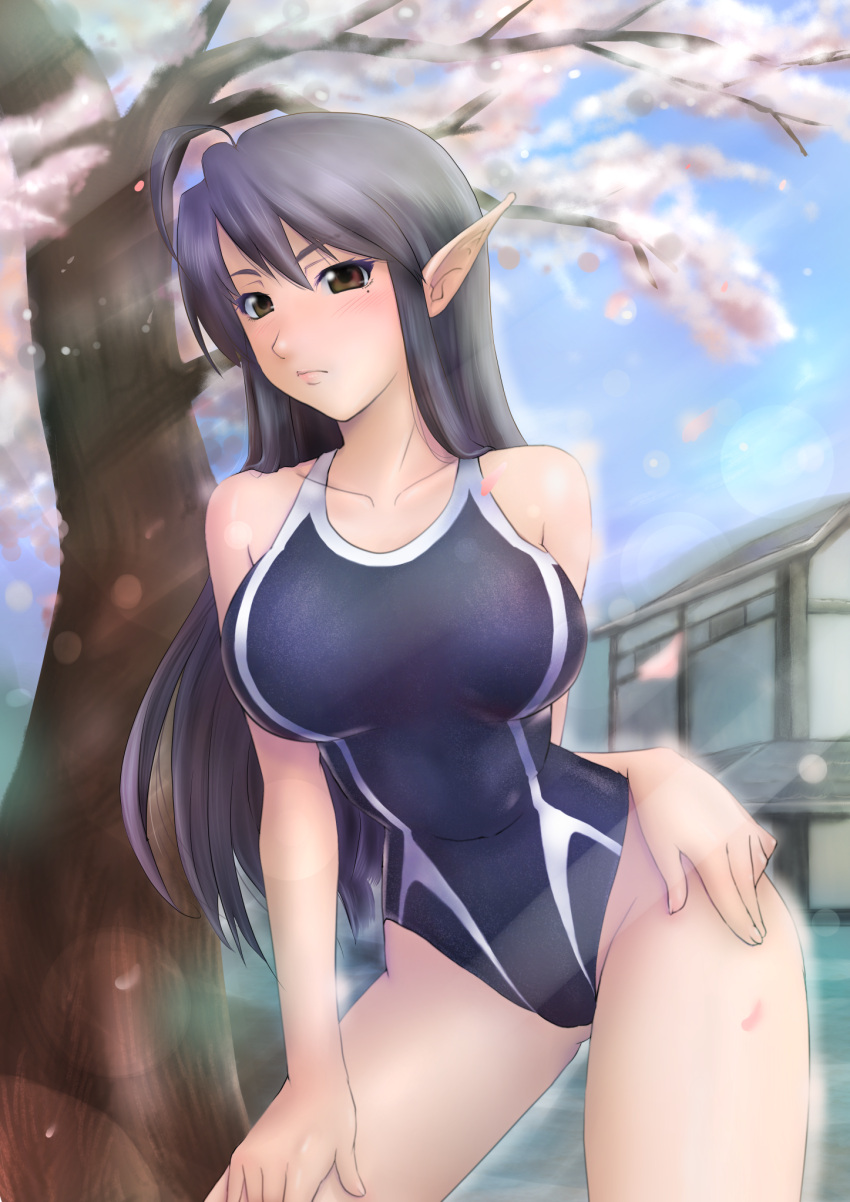 1girl black_hair breasts brown_eyes character_request competition_swimsuit haneori highres katori_(pso2) large_breasts one-piece_swimsuit phantasy_star phantasy_star_online_2 pointy_ears swimsuit