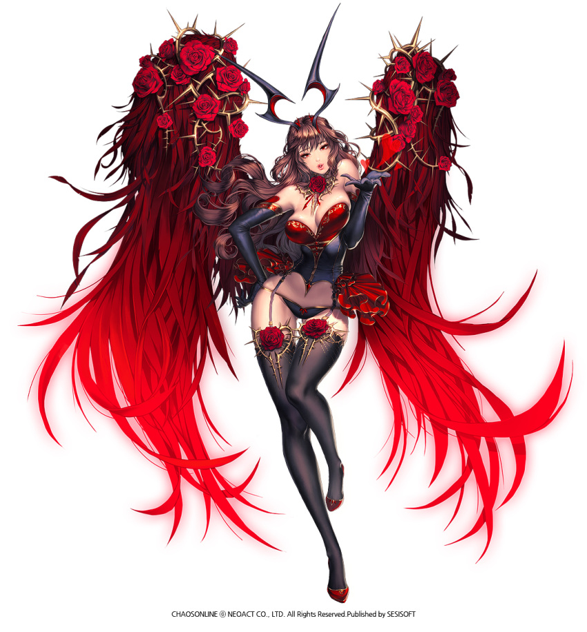 1girl akasha_(chaos_online) black_gloves breasts brown_hair chaos_heroes_online choker cleavage company_name copyright_name flower full_body gloves heart highres horns long_gloves long_hair love_cacao navel official_art red_eyes red_flower ribbon simple_background solo standing standing_on_one_leg thigh-highs white_background wings