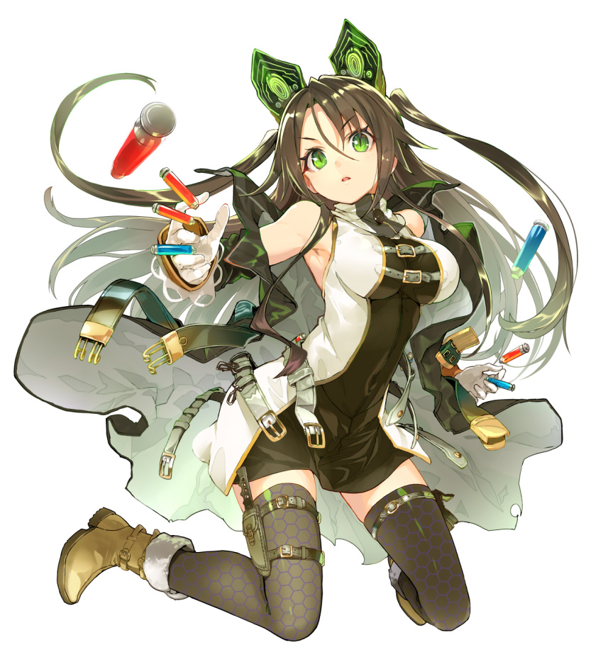 1girl bare_shoulders black_dress black_hair black_legwear boots bottle breasts coat dress gloves green_eyes hair_ornament hexagon highres holster jacket kneeling knife large_breasts layered_dress long_hair multiple_belts novel_cover off_shoulder official_art open_clothes open_coat open_mouth shirabi_(life-is-free) simple_background skindentation solo thigh-highs thigh_holster tokyo_inroaded:_closed_eden unmoving_pattern very_long_hair white_background white_dress white_gloves yumiie_kanata zettai_ryouiki