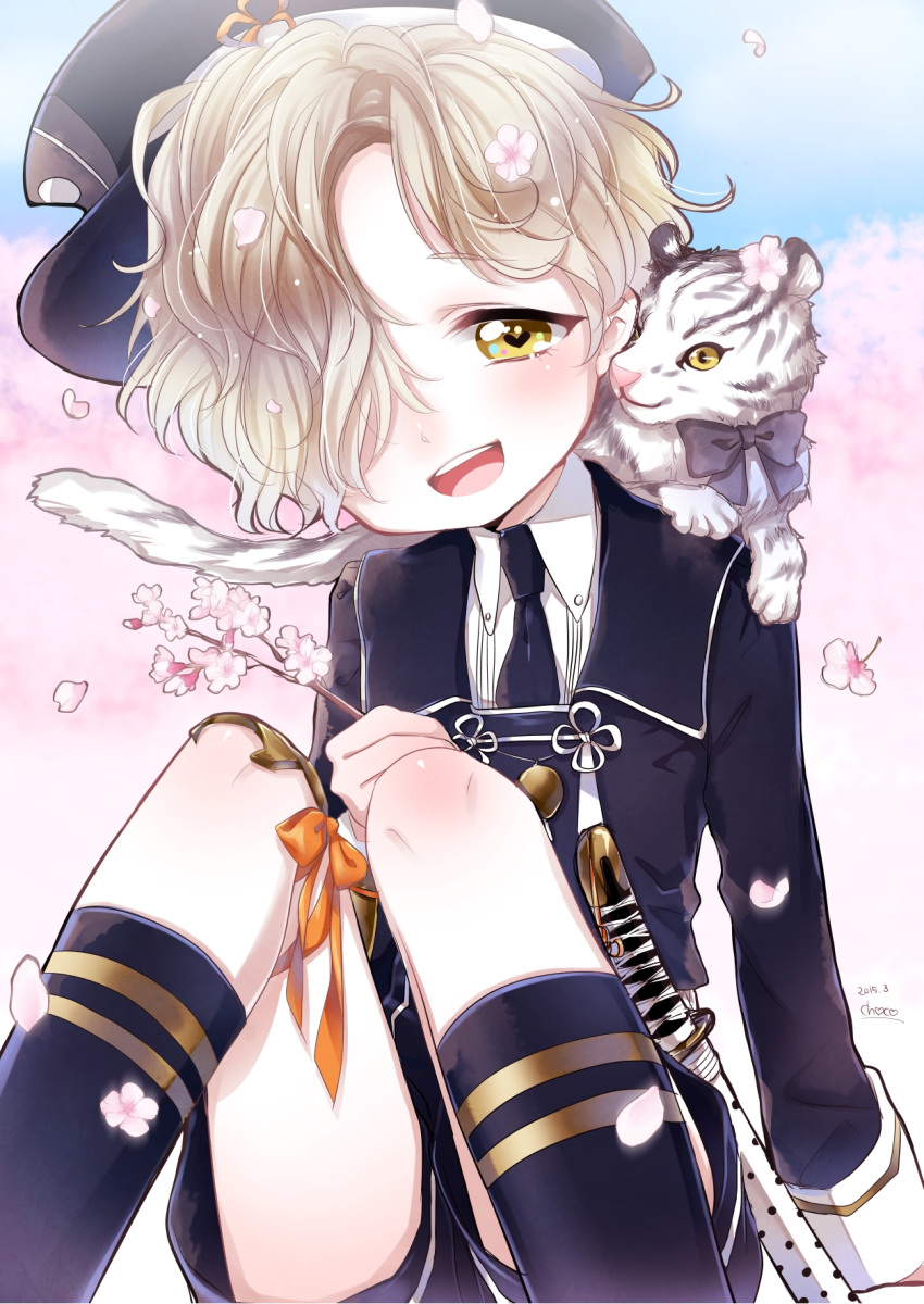 1boy animal_on_shoulder blonde_hair bow cherry_blossoms choco_(moyasi) gokotai gokotai's_tigers hair_over_one_eye hat heart heart-shaped_pupils highres looking_at_viewer male_focus military military_uniform necktie open_mouth petals sheath sheathed shorts sitting smile sword symbol-shaped_pupils tantou tiger tiger_cub touken_ranbu uniform weapon white_tiger yellow_eyes