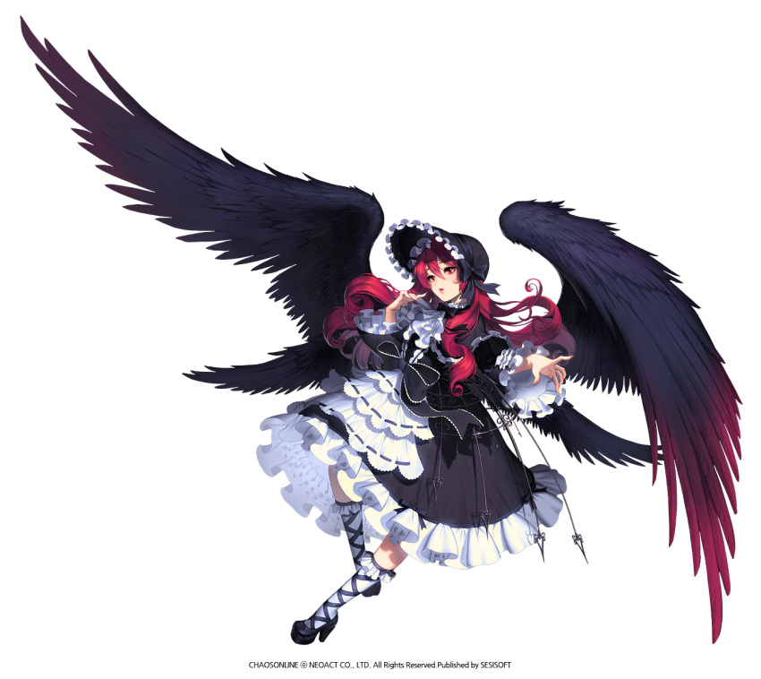 1girl black_wings chaos_heroes_online company_name copyright_name dress full_body hat highres long_hair love_cacao official_art open_mouth red_eyes redhead simple_background solo standing_on_one_leg tersia white_background wings