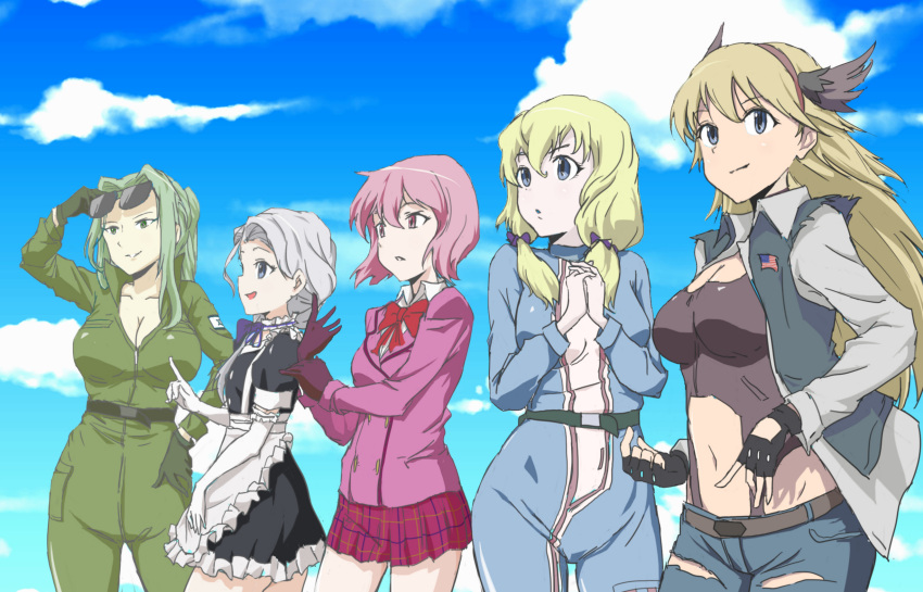 5girls :o adjusting_clothes adjusting_gloves adjusting_sunglasses age_difference american_flag apron aria_(daisan_hikou_shoujo-tai) bangs belt blazer blonde_hair blue_eyes bodysuit bow bowtie breasts buttons catherine_(daisan_hikou_shoujo-tai) choker christine_(daisan_hikou_shoujo-tai) cleavage clouds collared_shirt cowboy_shot daisan_hikou_shoujo-tai day denim elbow_gloves fingerless_gloves frilled_apron frills gloves green_eyes green_hair hair_between_eyes hair_bow hair_over_shoulder hairband hand_on_hip hand_up hands_together head_wings high_ponytail highres interlocked_fingers jumpsuit large_breasts light_smile lineup long_hair long_sleeves looking_to_the_side low_ponytail low_twintails maid midriff miniskirt multiple_girls navel noa_(daisan_hikou_shoujo-tai) open_clothes open_mouth open_shirt open_vest outdoors parted_lips payot pink_eyes pink_hair plaid plaid_skirt pleated_skirt pointing ponytail school_uniform shiotani shirobako shirt short_hair silver_hair skirt sky small_breasts standing sunglasses sunglasses_on_head tatiana_(daisan_hikou_shoujo-tai) torn_clothes turtleneck twintails vest waist_apron zipper