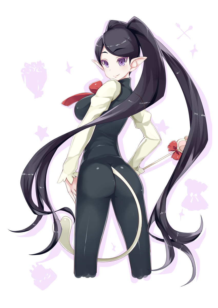 1girl absurdres ass black_hair breasts go!_princess_precure highres long_hair looking_at_viewer looking_back miss_siamour pointy_ears precure satou_(kuso-neet) simple_background smile solo tail twintails very_long_hair violet_eyes white_background