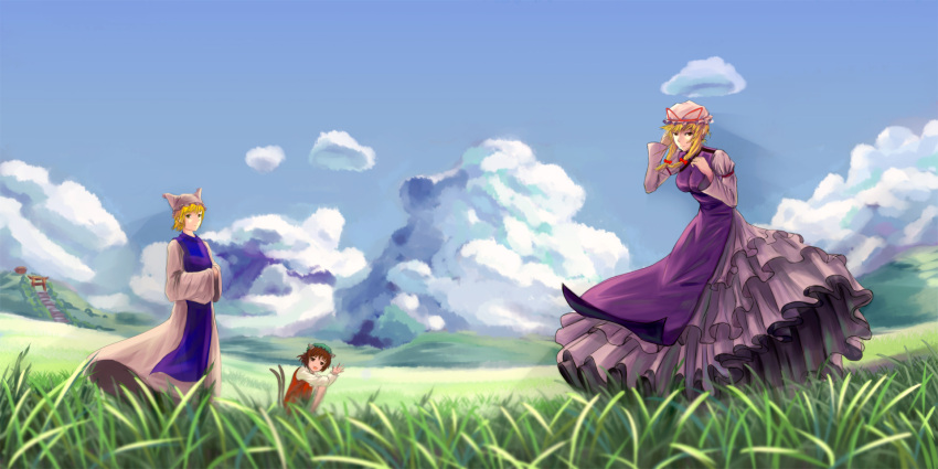 3girls animal_ears armband blonde_hair blue_sky blurry bow breasts brown_hair cat_ears chen clouds depth_of_field dress ears field frilled_dress frills grass green_hat hair_bow hair_up hakurei_shrine hand_in_hair hands_together hat hat_ribbon highres hill long_sleeves looking_at_viewer mob_cap mountain multiple_girls multiple_tails naipi_sang nature no_tail payot red_skirt ribbon scenery short_hair skirt sky stairway tabard tail torii touhou two_tails vest waving white_dress wind yakumo_ran yakumo_yukari
