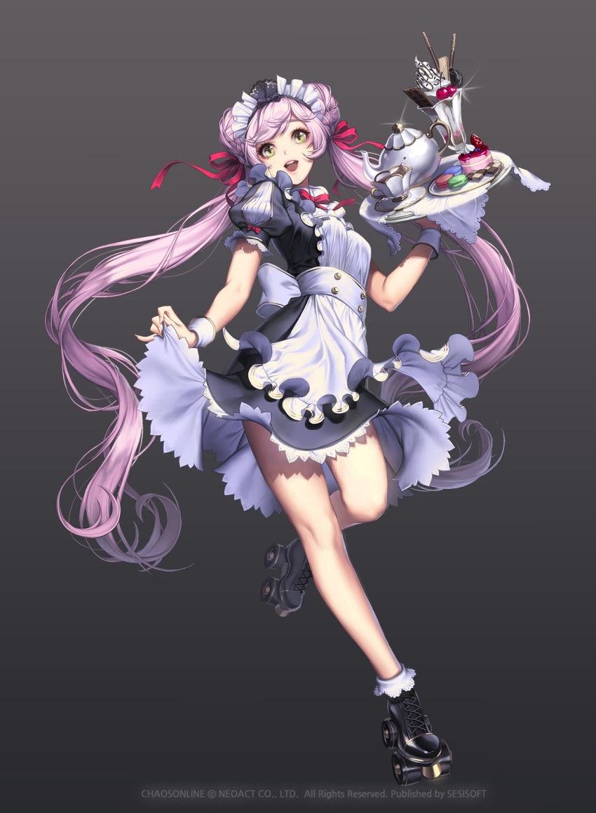 1girl braid cake chaos_heroes_online checkerboard_cookie chocolate_bar cookie cup food full_body happy highres ice_cream long_hair love_cacao macaron maid maid_headdress parfait pocky purple_hair roller_skates skates solo standing_on_one_leg teacup teapot tray twintails tyria_(chaos_online) very_long_hair yellow_eyes