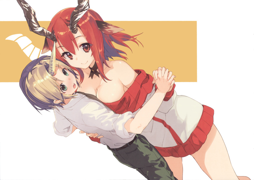 1boy 1girl animal_ears bare_shoulders belt breasts brown_hair cleavage dancing green_eyes highres holding_hands horns interlocked_fingers looking_at_viewer off_shoulder open_mouth original red_eyes redhead shirabi_(life-is-free) short_hair simple_background smile