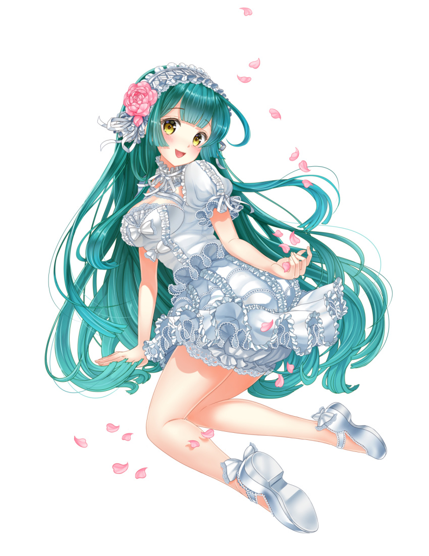 1girl :d arm_support dress flower frills green_eyes green_hair hair_flower hair_ornament hairband highres kneeling lolita_fashion long_hair mary_janes moyon open_mouth petals puffy_sleeves shoes simple_background smile solo touhoku_zunko transparent_background very_long_hair vocaloid voiceroid yellow_eyes
