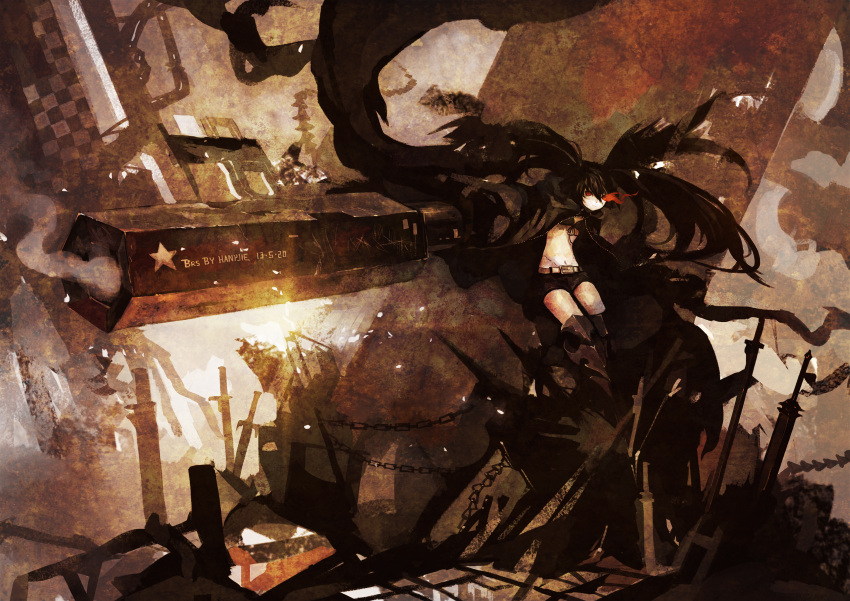 1girl absurdly_long_hair arm_cannon bikini_top black_hair black_rock_shooter black_rock_shooter_(character) chain glowing glowing_eye highres kklaji008 long_hair looking_at_viewer midriff red_eyes scar sepia shorts solo sword twintails uneven_twintails very_long_hair weapon