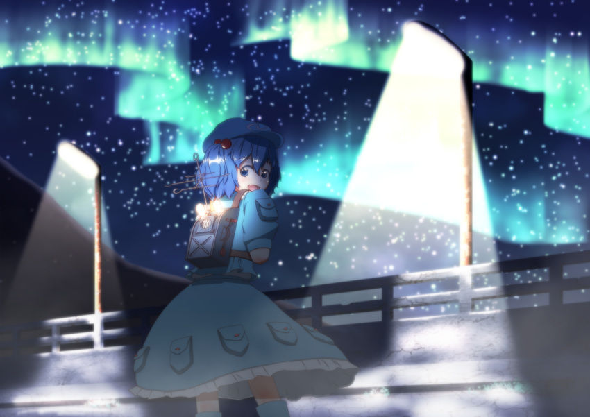 1girl antennae aurora backpack bag blue_boots blue_eyes blue_hair blush boots frilled_skirt frills from_behind hair_bobbles hair_ornament hat kawashiro_nitori lamppost looking_at_viewer looking_back night night_sky open_mouth pocket rubber_boots shirt short_hair short_sleeves skirt skirt_set sky solo star_(sky) starry_sky tat_rous touhou twintails
