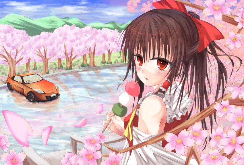 1girl ascot bare_shoulders blue_sky bow brown_hair car cherry_blossoms clouds detached_sleeves fuussu_(21-kazin) hair_bow hair_tubes hakurei_reimu highres looking_at_viewer motor_vehicle mountain parted_lips payot ponytail railing red_eyes reflection ripples sanshoku_dango short_hair skewer sky solo touhou tree vehicle water