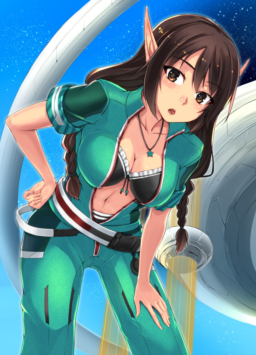 1girl :o belt bra braid breasts brown_eyes brown_hair center_opening cleavage collarbone hand_on_hip highres jewelry leaning_forward long_hair looking_at_viewer navel necklace open_mouth phantasy_star phantasy_star_online_2 pointy_ears ryou@ryou solo star_(sky) twin_braids ulc underwear