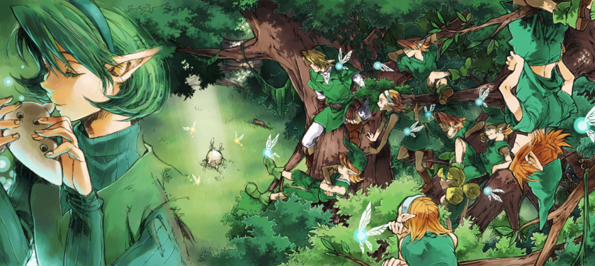 1girl 4girls 5boys antique_(artist) blonde_hair fado_(ocarina_of_time) fairy fingerless_gloves gloves great_deku_sprout green_hair hairband hat in_tree instrument kokiri link lying mido multiple_boys multiple_girls navi ocarina ocarina_of_time playing_instrument pointy_ears ribbed_sweater saria short_hair sitting sitting_in_tree smile sweater the_legend_of_zelda tree