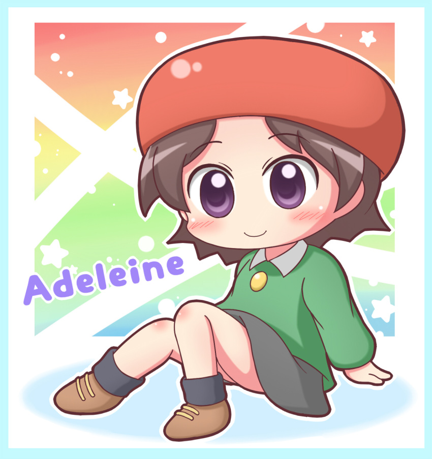1girl adeleine black_hair black_skirt blush character_name chibi grouse01 hat highres kirby_(series) kirby_64 multicolored_background rainbow_background shirt shoes sitting skirt solo violet_eyes