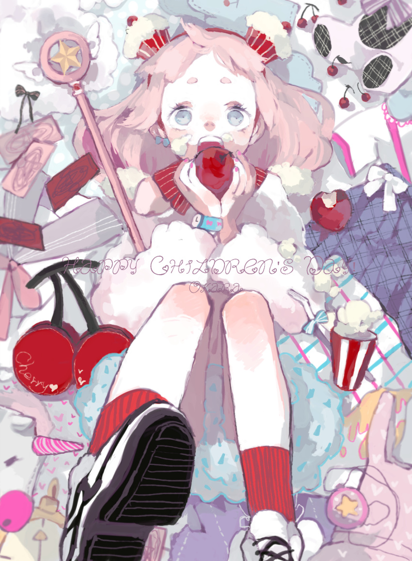 1girl apple artist_name blue_eyes card cardcaptor_sakura cherry cupcake food food_as_clothes food_on_face food_themed_clothes from_above fruit hairband highres holding holding_fruit hoshi_no_tsue legs_up looking_at_viewer lying okara_(cacacerulean) on_back open_mouth original pink_hair shoes sneakers socks solo staff watch