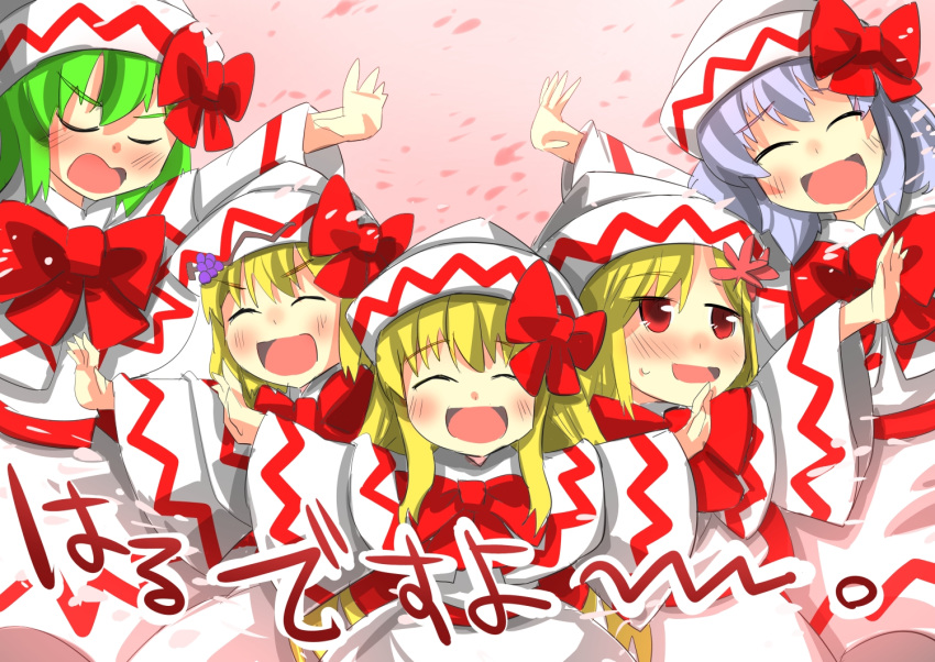 5girls aki_minoriko aki_shizuha blonde_hair blush capelet cherry_blossoms cosplay gaoo_(frpjx283) green_hair hat hat_ribbon kazami_yuuka lavender_hair letty_whiterock lily_white lily_white_(cosplay) multiple_girls open_mouth outstretched_arms petals red_eyes ribbon smile touhou wide_sleeves