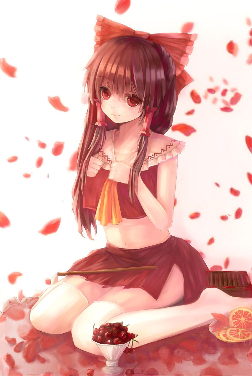 1girl ascot bow box brown_hair cherry collarbone crop_top dead_line donation_box food fruit gohei hair_bow hair_tubes hakurei_reimu hands_on_own_chest head_tilt highres long_hair looking_at_viewer midriff miniskirt navel neck orange_slice petals red_eyes simple_background sitting skirt smile solo thigh-highs thighs touhou wariza white_background