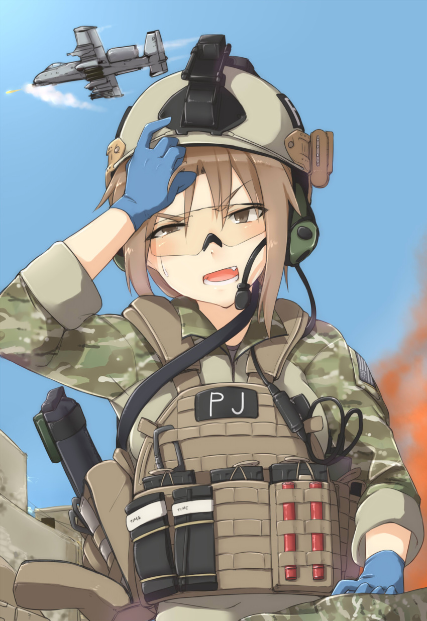 1girl a-10 airplane assault_rifle ayyh brown_eyes brown_hair building camouflage fang fire firing from_below glasses gloves gun hand_on_own_head headset helmet highres load_bearing_vest looking_down magazine_(weapon) military military_uniform open_mouth original out_of_frame rifle sky sling smoke soldier solo_focus sweat tourniquet uniform war weapon
