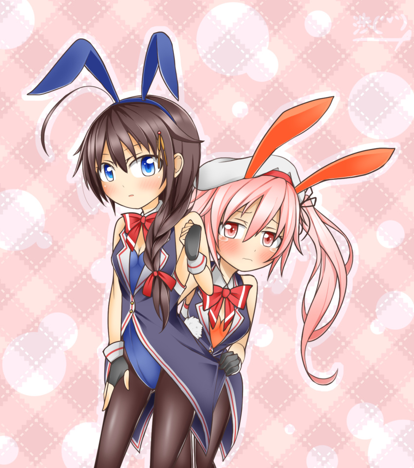 2girls ahoge alternate_costume animal_ears beret black_gloves blue_eyes bowtie braid brown_hair bunny_girl bunny_tail bunnysuit commentary_request fingerless_gloves gloves hair_flaps hair_ribbon harusame_(kantai_collection) hat highres kantai_collection multiple_girls pink_eyes pink_hair rabbit_ears remodel_(kantai_collection) ribbon shigure_(kantai_collection) side_ponytail signature single_braid tail tearing_up tears wataru_(nextlevel)