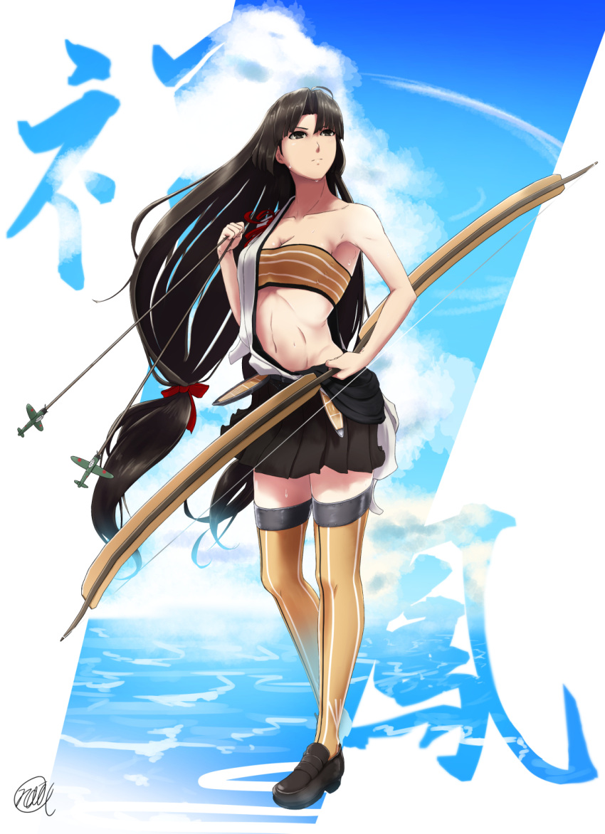 1girl airplane arrow artist_name black_eyes black_hair bow_(weapon) bra breasts brown_bra brown_legwear character_name cleavage clouds cloudy_sky highres hime_cut holding japanese_clothes kantai_collection loafers long_hair miniskirt navel noica open_clothes open_shirt pleated_skirt print_legwear shoes shouhou_(kantai_collection) signature skirt sky solo standing striped striped_bra thigh-highs translated tubetop underwear weapon wet zettai_ryouiki