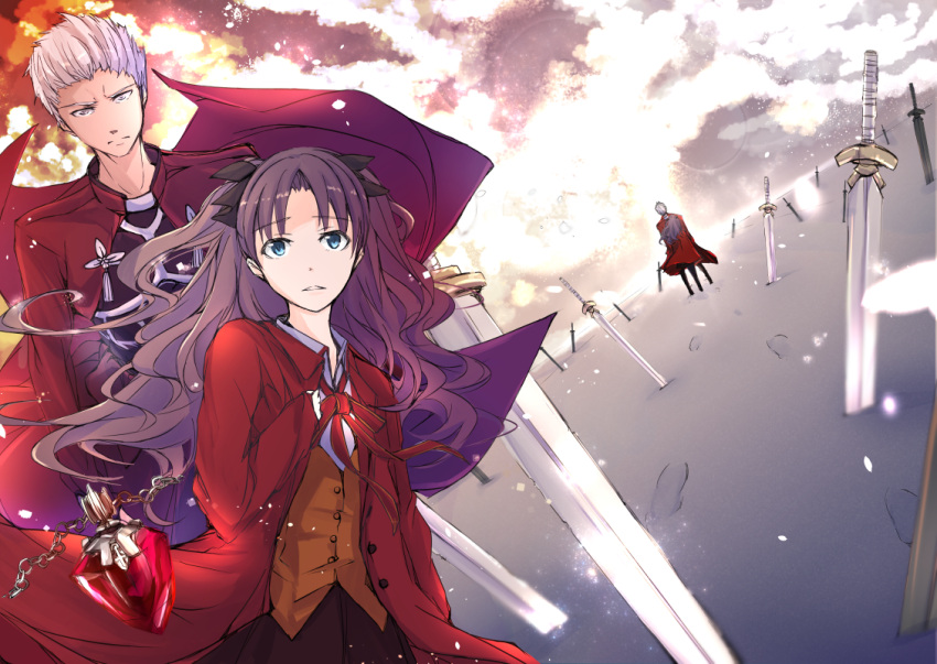1boy 1girl archer brown_hair coat fate/stay_night fate_(series) field_of_blades jacket jewelry kuroda long_coat necklace red_coat red_jacket toosaka_rin two_side_up white_hair