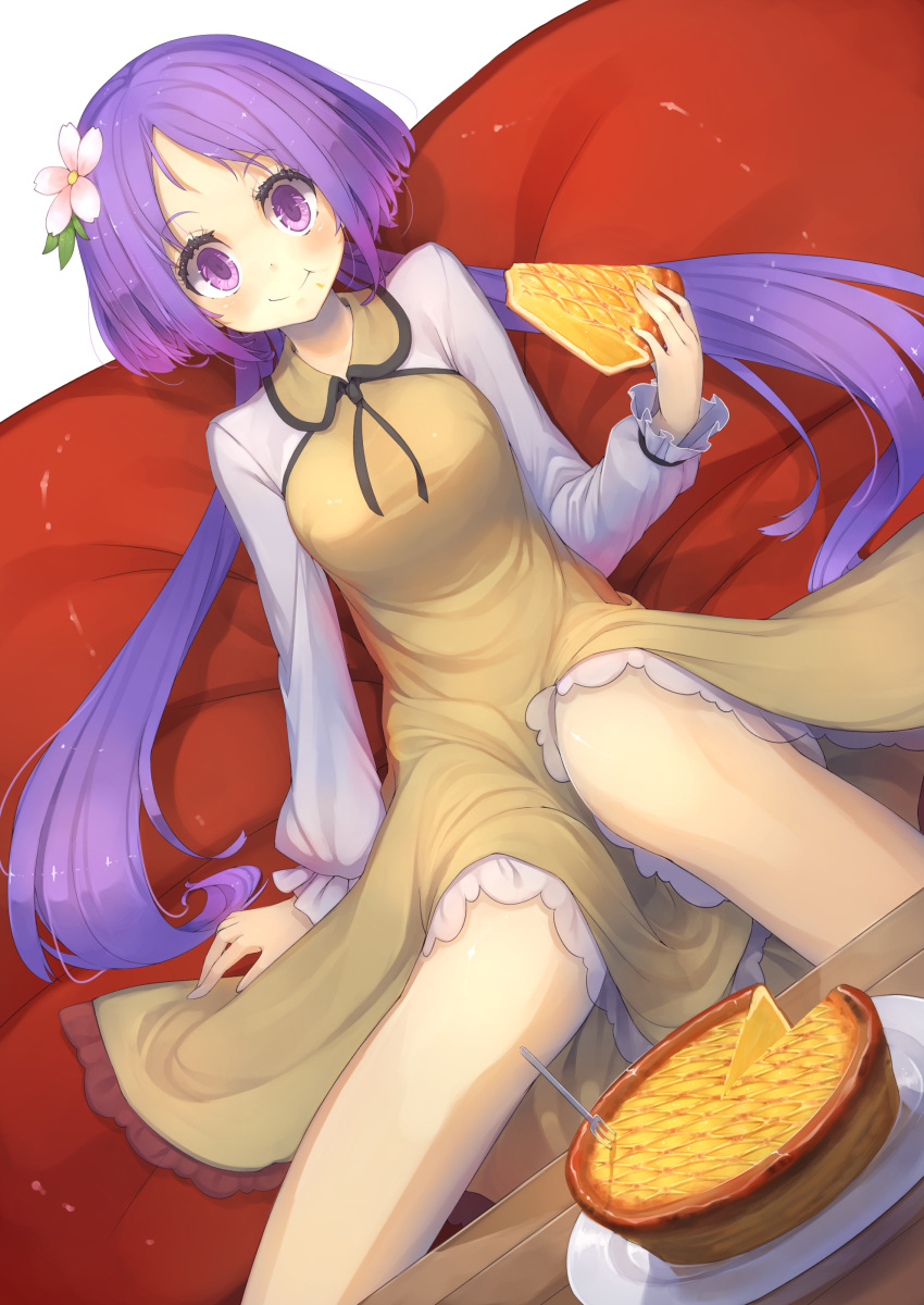 1girl absurdres apple_pie breasts brown_dress couch dress dutch_angle eating eyelashes flower food food_on_face fork hair_flower hair_ornament highres holding_food long_hair long_sleeves looking_at_viewer oruka_(kamituki0827) pie plate short_hair simple_background sitting slice_of_pie smile solo split_ponytail table touhou tsukumo_benben very_long_hair violet_eyes white_background