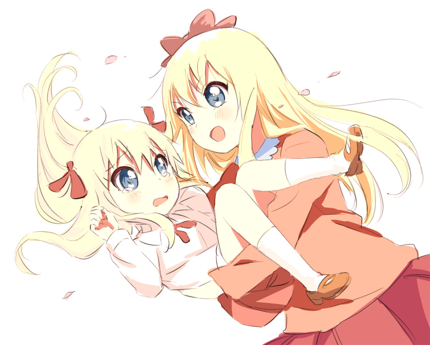 &gt;:d 2girls :d blonde_hair blue_eyes blush bow carrying dual_persona hair_bow kamiki_uutarou kneehighs long_hair mary_janes multiple_girls open_mouth petals pleated_skirt shoes simple_background skirt smile tears time_paradox toshinou_kyouko white_background white_legwear wind younger yuru_yuri