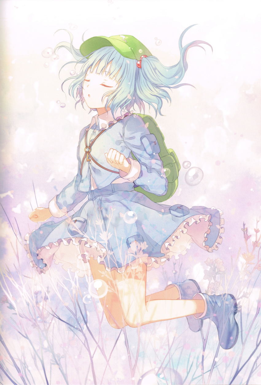 1girl 6u_(eternal_land) absurdres backpack bag blue_boots blue_hair boots bubble closed_eyes frills full_body hair_bobbles hair_ornament hat highres kawashiro_nitori key long_sleeves open_mouth rubber_boots scan scan_artifacts shirt short_hair skirt skirt_set solo string submerged touhou twintails underwater vest