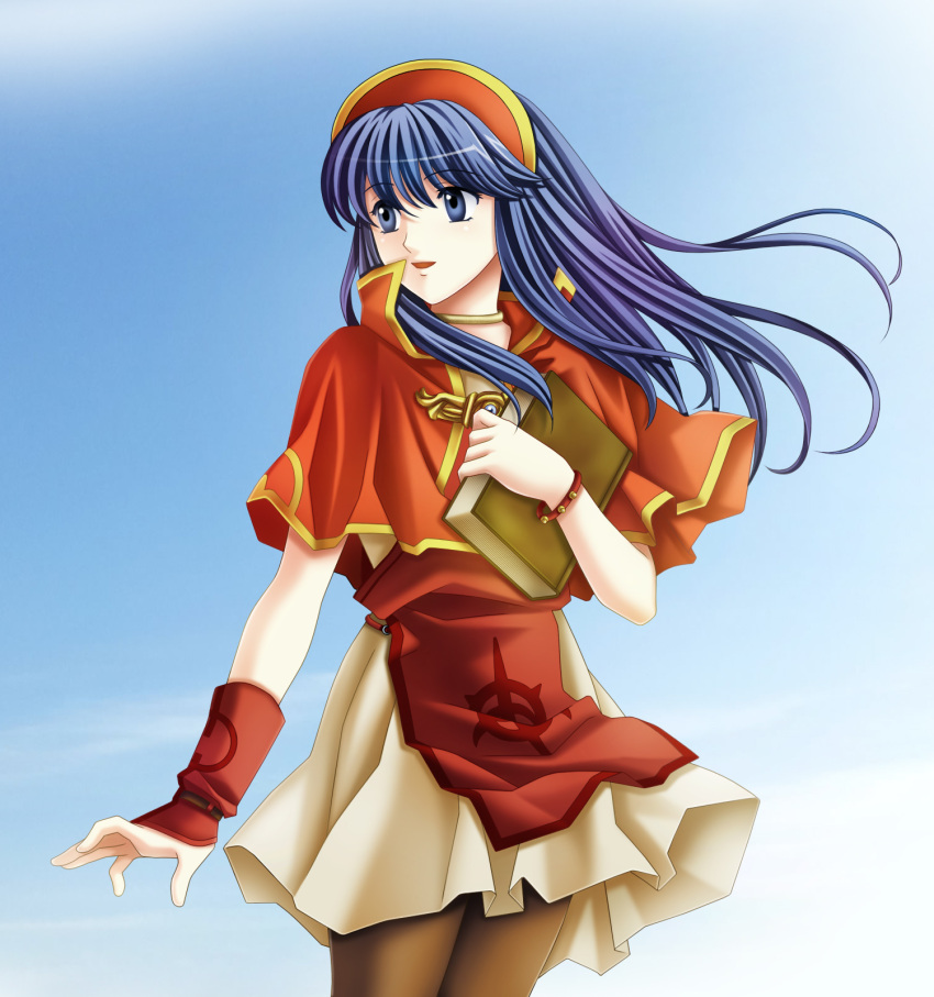 1girl :d blue_background blue_eyes blue_hair book bracelet brown_background capelet choker fire_emblem fire_emblem:_fuuin_no_tsurugi highres holding holding_book jewelry lilina long_hair open_mouth pantyhose skirt smile solo tamamon white_skirt