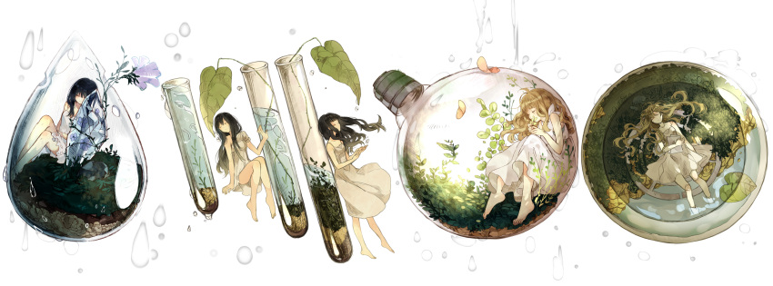 5girls bad_id bare_legs barefoot black_hair brown_hair closed_eyes crystal doll_joints dress erlenmeyer_flask flower grass highres in_container lamp leaf lingmuzi long_hair lying multiple_girls sitting water water_drop white_background white_dress