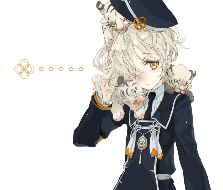 1boy animal animal_on_head animal_on_shoulder blonde_hair cub dakuro freckles gokotai gokotai's_tigers hair_over_one_eye hat long_sleeves military military_uniform necktie platinum_blonde short_hair solo tiger tiger_cub touken_ranbu uniform yellow_eyes