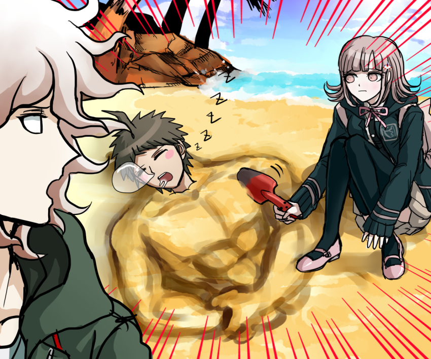 1girl 2boys ahoge beach blush_stickers brown_hair buried dangan_ronpa hinata_hajime komaeda_nagito multiple_boys nanami_chiaki nose_bubble palm_tree pink_eyes pink_hair role_reversal sand sand_sculpture shovel sleeping super_dangan_ronpa_2 tezurumozuru tree white_hair worktool