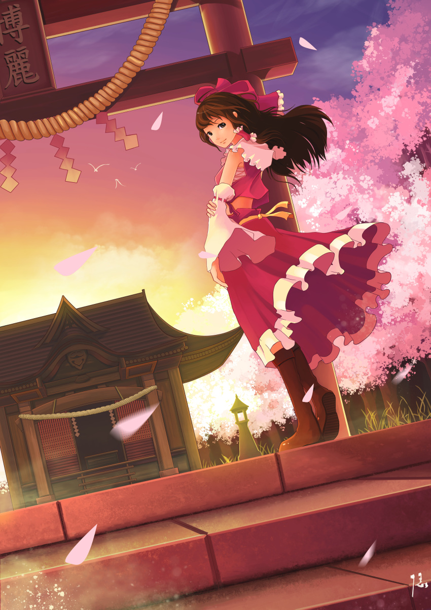 1girl absurdres bird boots breasts brown_eyes brown_hair cherry_blossoms clouds detached_sleeves diandianzai ears forest frilled_skirt frills grass hakurei_reimu hakurei_shrine hand_on_own_arm highres light_smile long_hair midriff nature night night_sky peaceful perspective petals pink_sky red_skirt ribbon-trimmed_sleeves ribbon_trim rope sarashi shimenawa signature skirt sky sleeveless solo stairs stone_lantern sunset torii touhou tree twilight wind