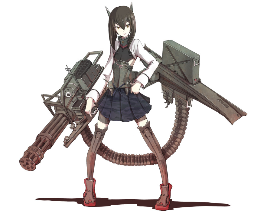 1girl bike_shorts boushi-ya brown_eyes brown_hair flat_chest full_body gatling_gun gun hand_on_hip headgear highres kantai_collection legs_apart long_sleeves looking_at_viewer md5_mismatch mecha_musume pleated_skirt short_hair simple_background skirt solo standing taihou_(kantai_collection) thigh-highs weapon white_background