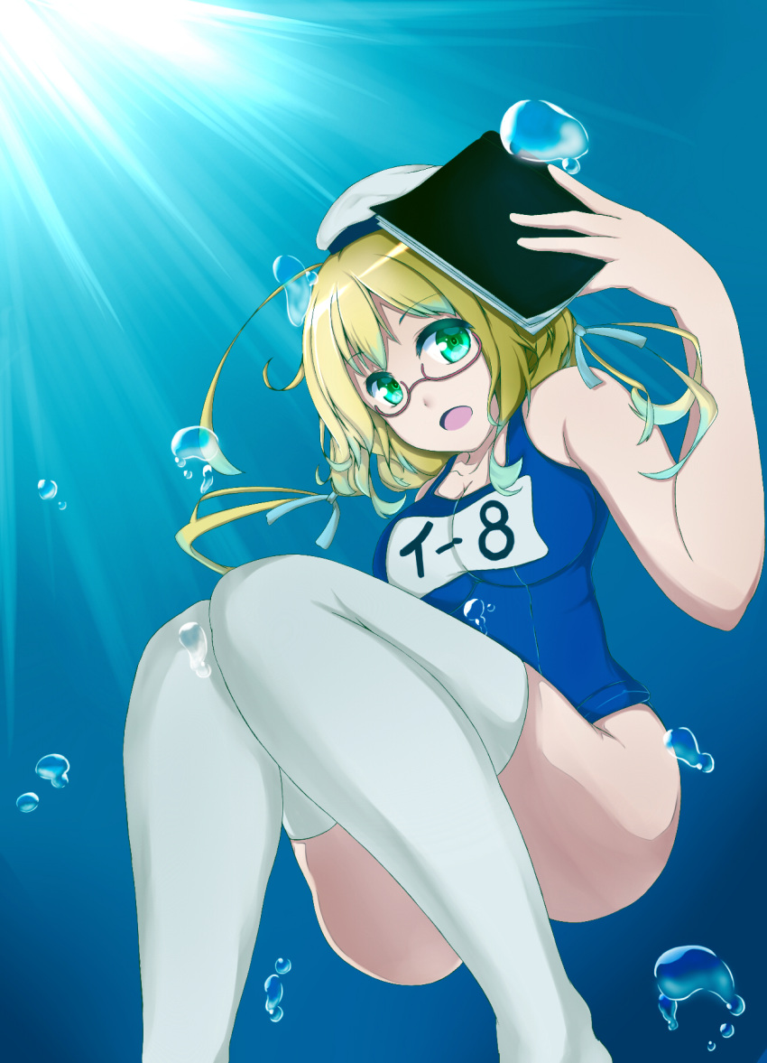 1girl blonde_hair book breasts bubble glasses green_eyes hat highres i-8_(kantai_collection) kantai_collection long_hair low_twintails name_tag open_mouth peaked_cap red-framed_glasses school_swimsuit solo sunlight swimsuit thigh-highs twintails underwater water white_legwear wosero