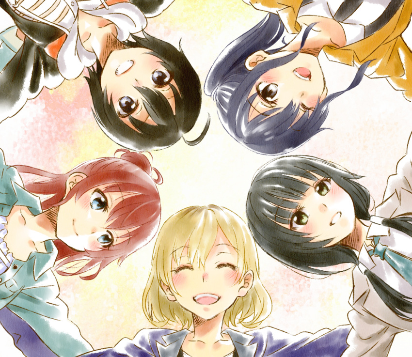 5girls ^_^ ahoge black_hair blonde_hair blue_eyes blue_hair blush closed_eyes collarbone frills green_eyes grin hair_bun hoodie imai_midori jacket long_hair long_sleeves miyamori_aoi multiple_girls natsupa necktie payot redhead sakaki_shizuka shiny shiny_hair shirobako short_hair side_ponytail smile toudou_misa twintails vertical_stripes yasuhara_ema