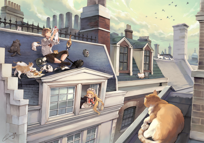 1boy 1girl animal ankle_boots artist_name ascot bird blonde_hair boots bow bread broom cat cheese chimney city clouds cloudy_sky comet_(teamon) food highres holding house long_hair looking_down looking_up maid maid_headdress original outdoors ribbon rooftop sausage scenery short_hair signature sitting sky sleeves_rolled_up too_many_cats wind window yawning