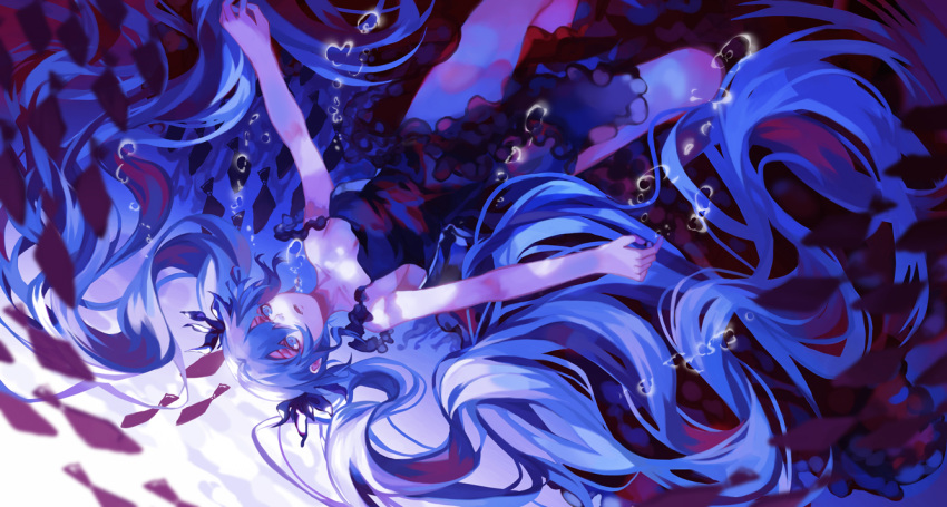 1girl 91_(968087) absurdly_long_hair air_bubble bare_arms black_dress blue_eyes dress fish hatsune_miku long_hair open_mouth shinkai_shoujo_(vocaloid) solo twintails underwater upside-down very_long_hair vocaloid