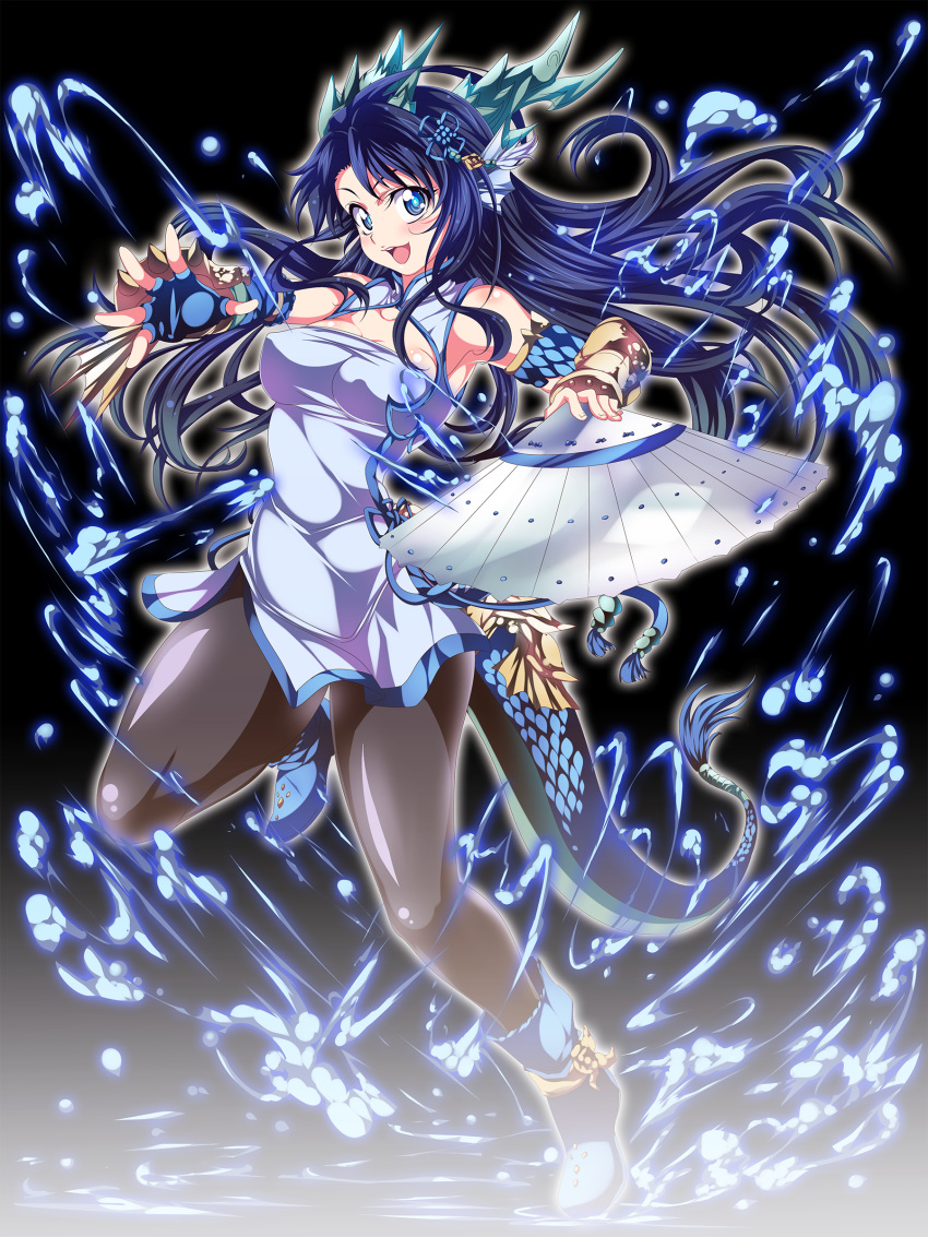 1girl absurdres black_background black_hair black_legwear blue_eyes blue_gloves brass_knuckles breasts china_dress chinese_clothes cleavage cleavage_cutout dragon_girl dragon_horns dragon_tail fan fingerless_gloves folding_fan full_moon gloves hair_ornament head_fins highres horns karin_(p&amp;d) leg_up long_hair moon pantyhose proteinb6 puzzle_&amp;_dragons scales solo spikes tail weapon