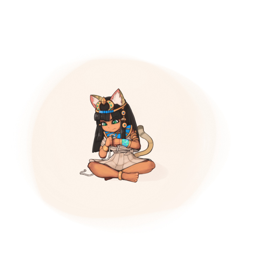 1girl 34no404 animal_ears anklet bangs barefoot bastet_(p&amp;d) black_hair bracelet cat_ears cat_tail dark_skin egyptian frown green_eyes hair_ornament highres indian_style jewelry long_hair puzzle_&amp;_dragons rope sitting solo tail tiara
