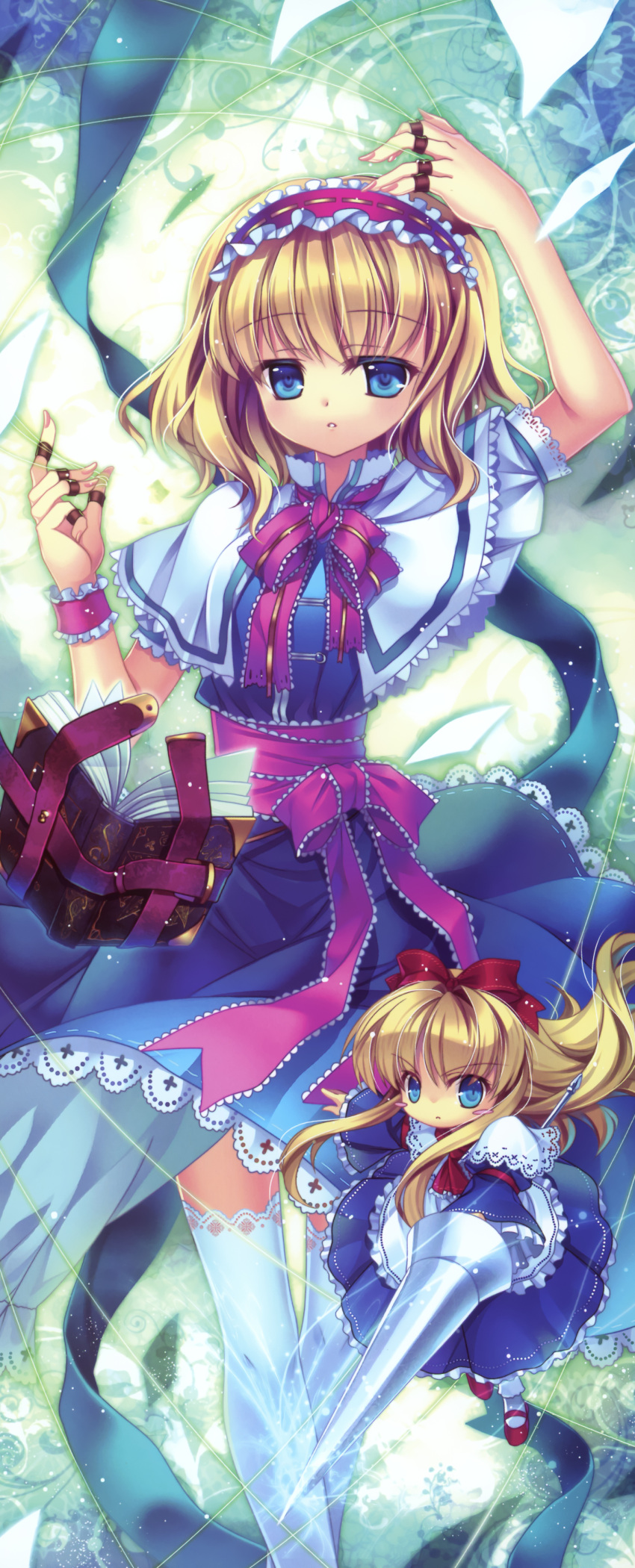 1girl absurdres alice_margatroid apron blonde_hair blue_dress blue_eyes blush_stickers book bow capelet capura_lin doll dress frills hair_bow hair_ornament hairband highres long_hair long_image long_sleeves looking_at_viewer mary_janes open_book parted_lips puffy_sleeves puppet_strings ribbon sash scan shanghai_doll shoes short_hair short_sleeves socks solo string thigh-highs touhou waist_apron weapon white_legwear wide_sleeves wrist_cuffs zettai_ryouiki