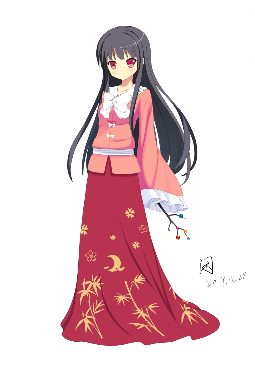 1girl absurdres bamboo bangs black_hair blush branch breasts crescent_moon dated floral_print full_body highres hime_cut houraisan_kaguya japanese_clothes jeweled_branch_of_hourai kimono long_hair long_skirt long_sleeves looking_at_viewer moon red_eyes signature simple_background skirt smile solo standing touhou very_long_hair white_background xiansan_ren_ye