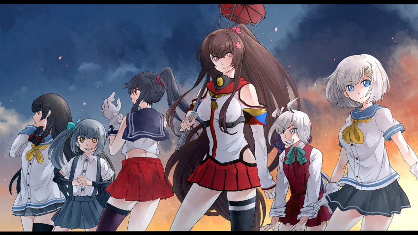 asashimo_(kantai_collection) bai_lao_shu brown_hair cherry_blossoms detached_sleeves flower hair_flower hair_ornament hamakaze_(kantai_collection) highres isokaze_(kantai_collection) kantai_collection kasumi_(kantai_collection) long_hair multiple_girls ponytail school_uniform short_hair side_ponytail skirt suspenders thigh-highs very_long_hair yahagi_(kantai_collection) yamato_(kantai_collection)