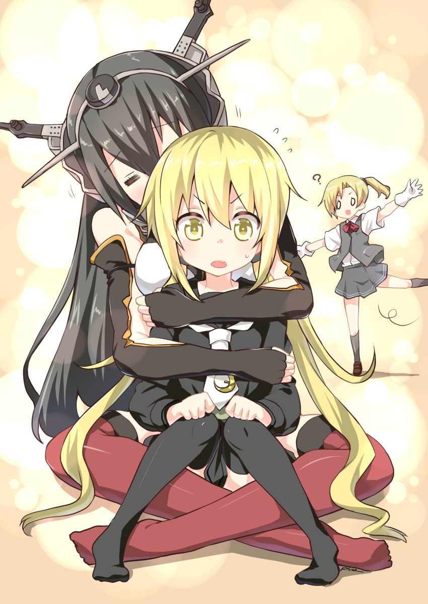 3girls :d =_= ? absurdres bare_shoulders black_gloves black_hair black_legwear blonde_hair blush crescent elbow_gloves fang fingerless_gloves gloves hair_ornament headgear highres indian_style kantai_collection kneehighs loafers long_hair low_twintails maikaze_(kantai_collection) multiple_girls nagato_(kantai_collection) o_o open_mouth outstretched_arms ponytail red_legwear ryuki_(ryukisukune) satsuki_(kantai_collection) school_uniform serafuku shoes short_hair sitting smile spread_arms thigh-highs twintails vest white_gloves yellow_eyes