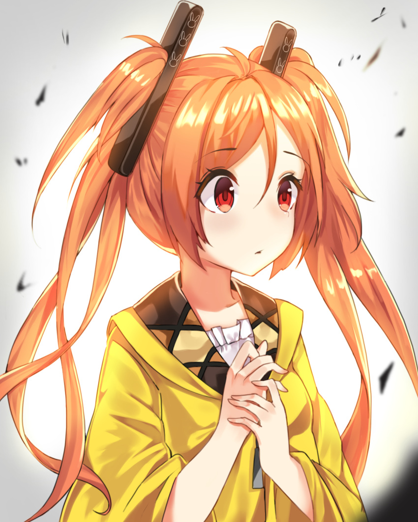 1girl aihara_enju black_bullet ginon_(sjyh3466) hair_ornament hands_on_own_chest hands_together highres hood_down hooded_jacket orange_hair red_eyes twintails upper_body